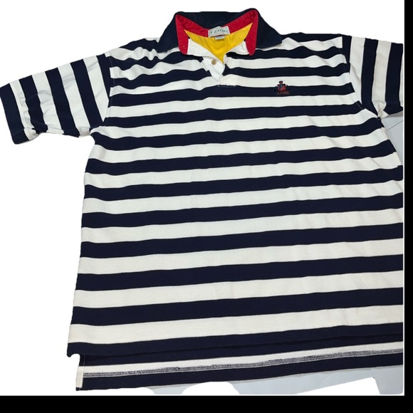 Izod 90s Blue White Striped Knit polo shirt Red Blue Crest Logo Mens Lrg Preppy - Picture 1 of 12